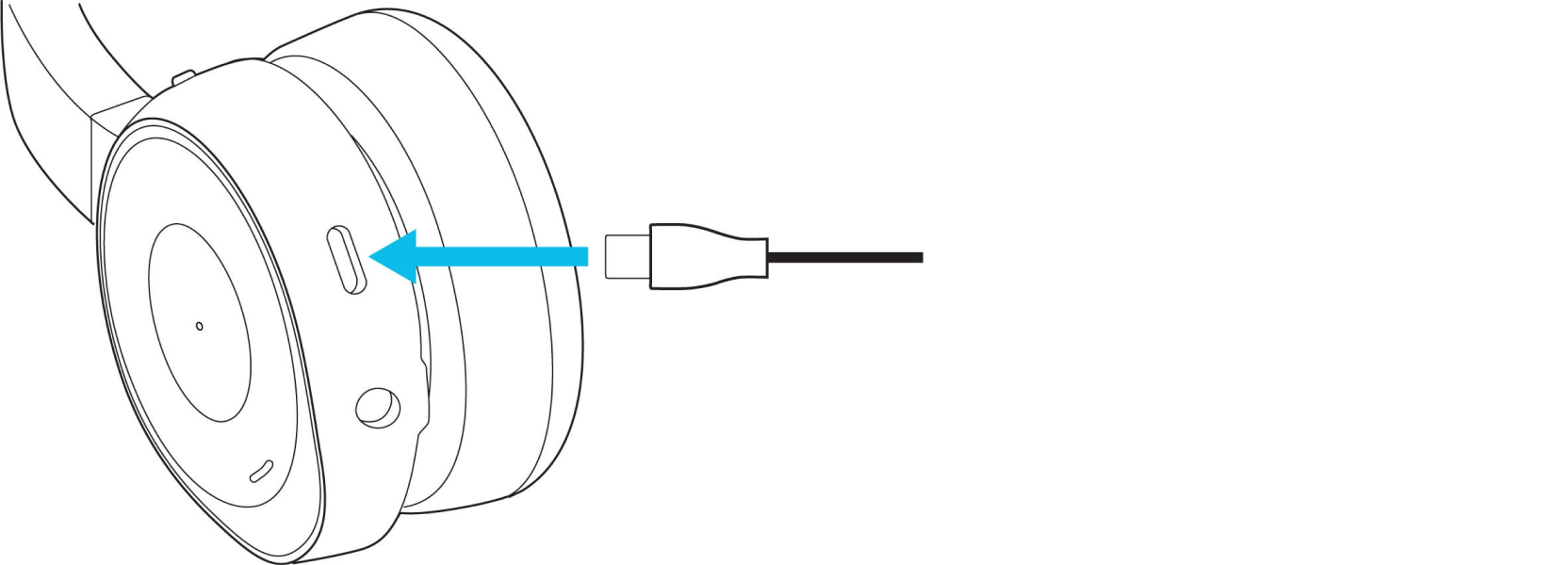 Cable USB-C que se conecta a la parte inferior del auricular izquierdo.