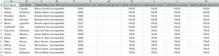CSV file example for assigning services to users in Control Hub.