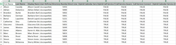 Control Hub でユーザーにサービスを割り当てるための CSV ファイルの例。