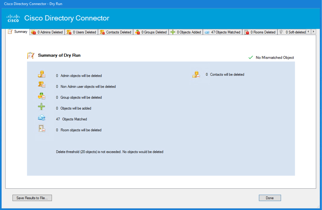 Ecran cu rezultate de funcționare uscată Directory Connector