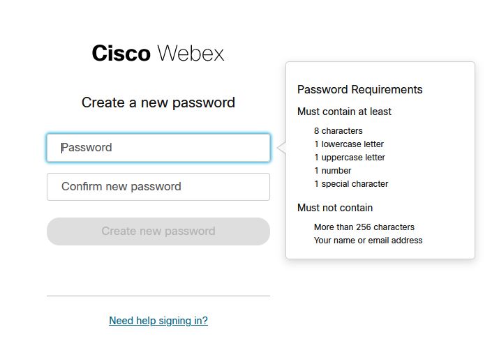 Create a new password screen from getting started email for Control Hub setup.