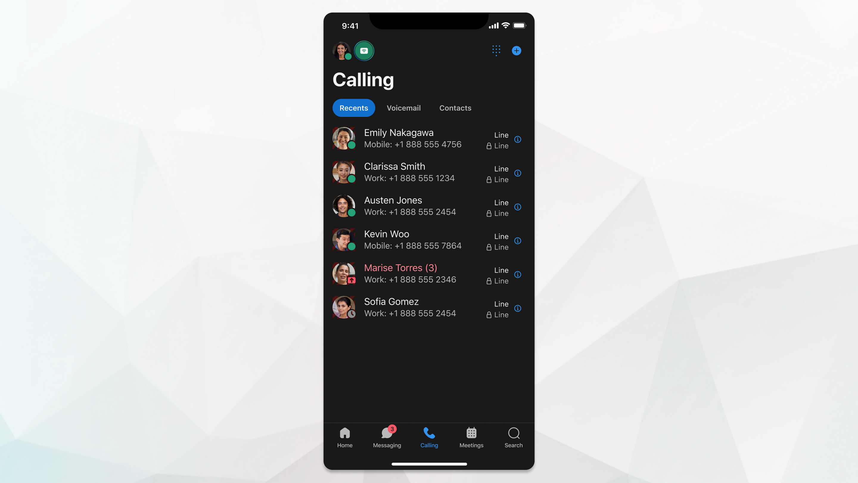 Mostrando chamadas recentes do aplicativo Webex iOS.