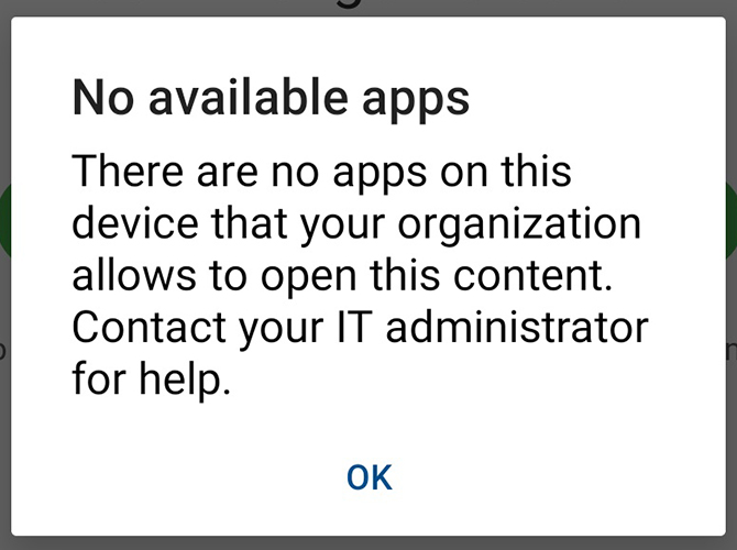 Screenshot showing no apps available to open the content; please contact the IT administrator for assistance.