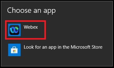 Windows 10 „Válasszon egy alkalmazást”, a kiválasztható lehetőségként a Webex ki van emelve.