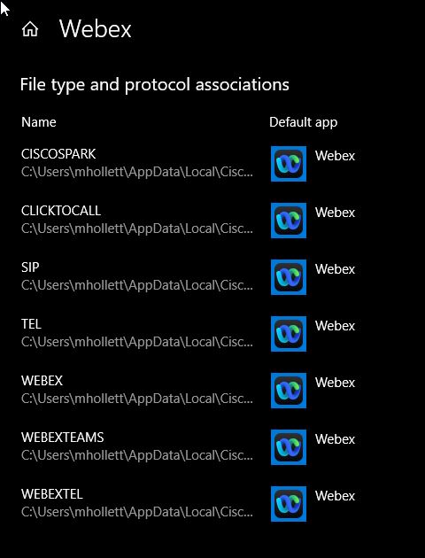ファイル タイプとプロトコルの関連付けのための Windows 10 Webex オプション。