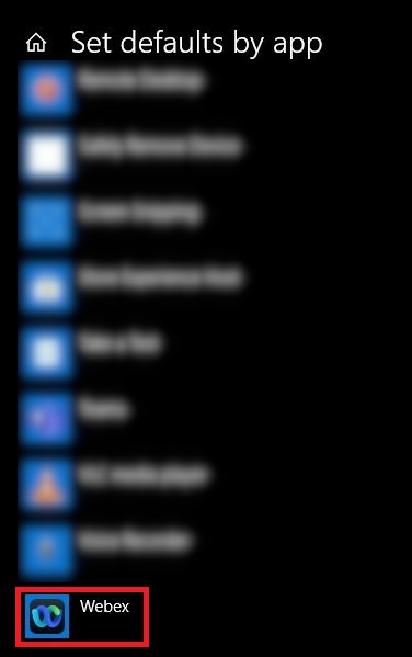 Windows 10 の [アプリごとにデフォルトを設定する] で、Webex を選択するオプションとして強調表示されます。