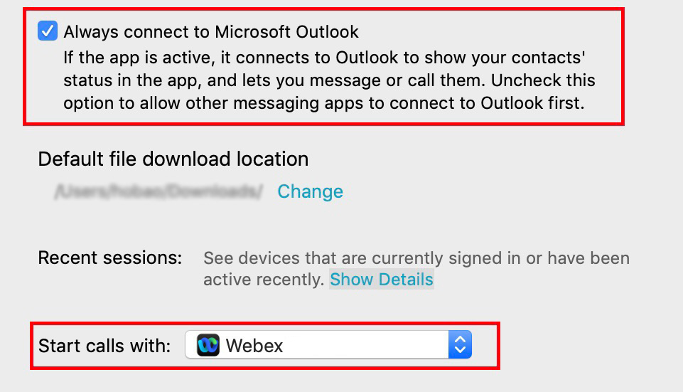 Mac OS プロトコル ハンドラ設定、[常に Microsoft Outlook に接続] オプションを選択し、[コールを開始] ドロップダウンで Webex が選択されています。