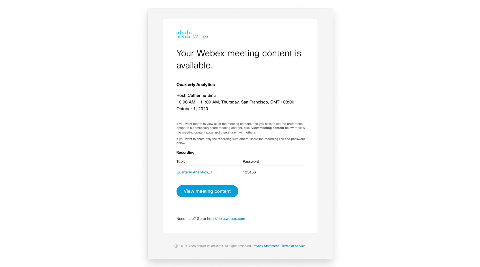 “您的会议内容已经可用”电子邮件