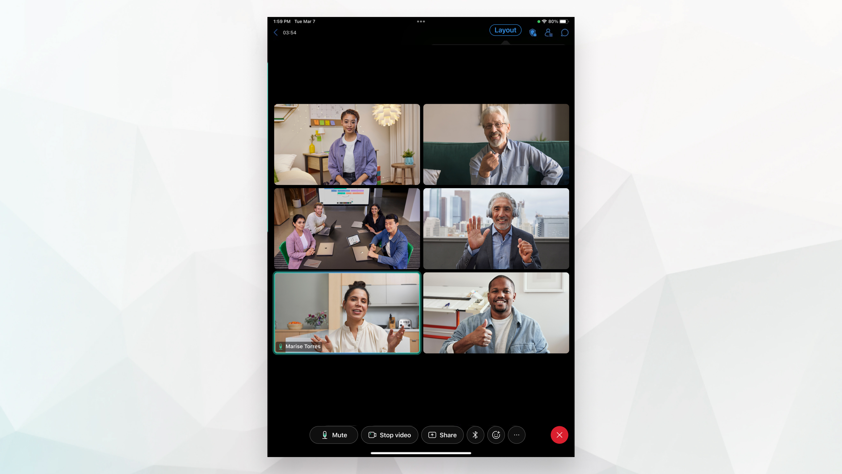 2x3 modos de exibição em grade durante uma reunião no iPad