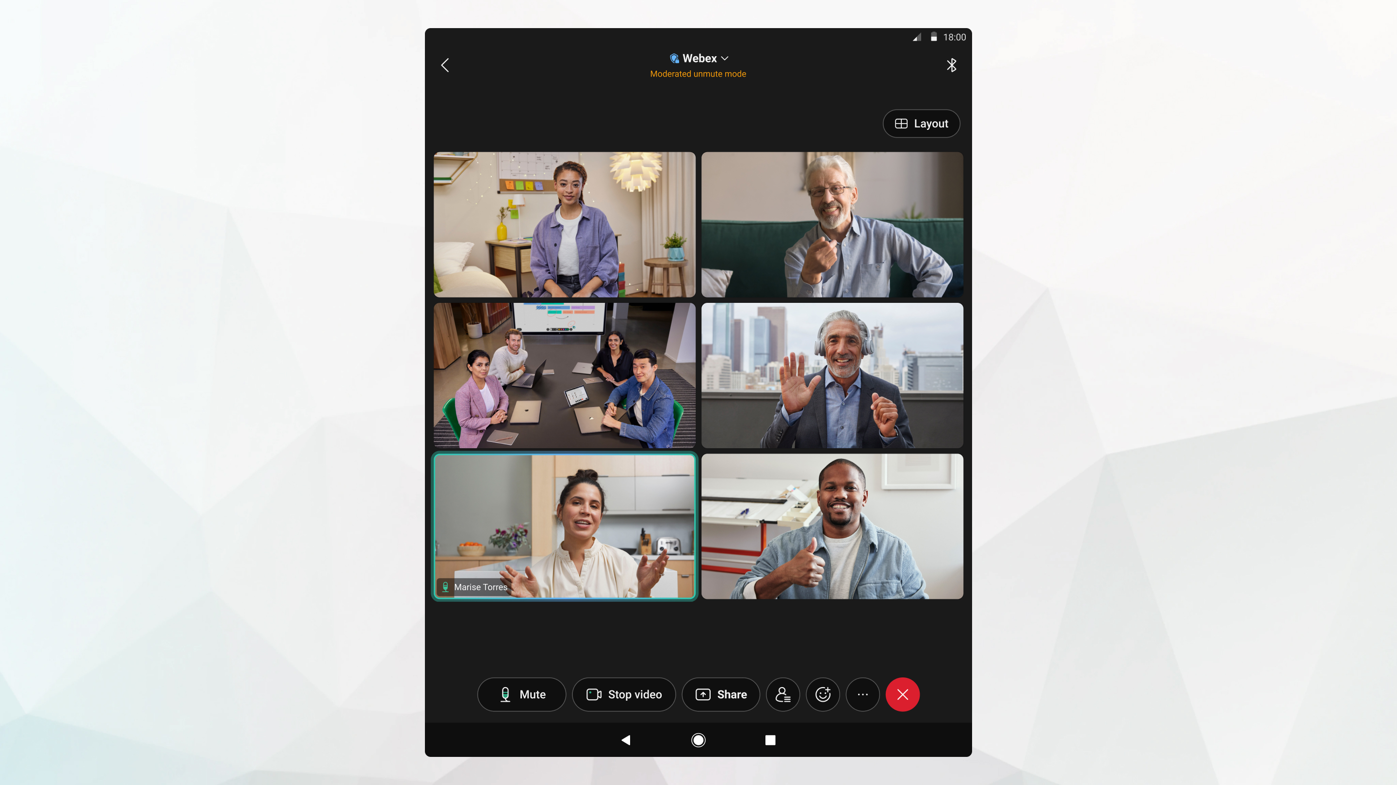 2x3 prikaz rešetke tijekom sastanka na Android tabletu