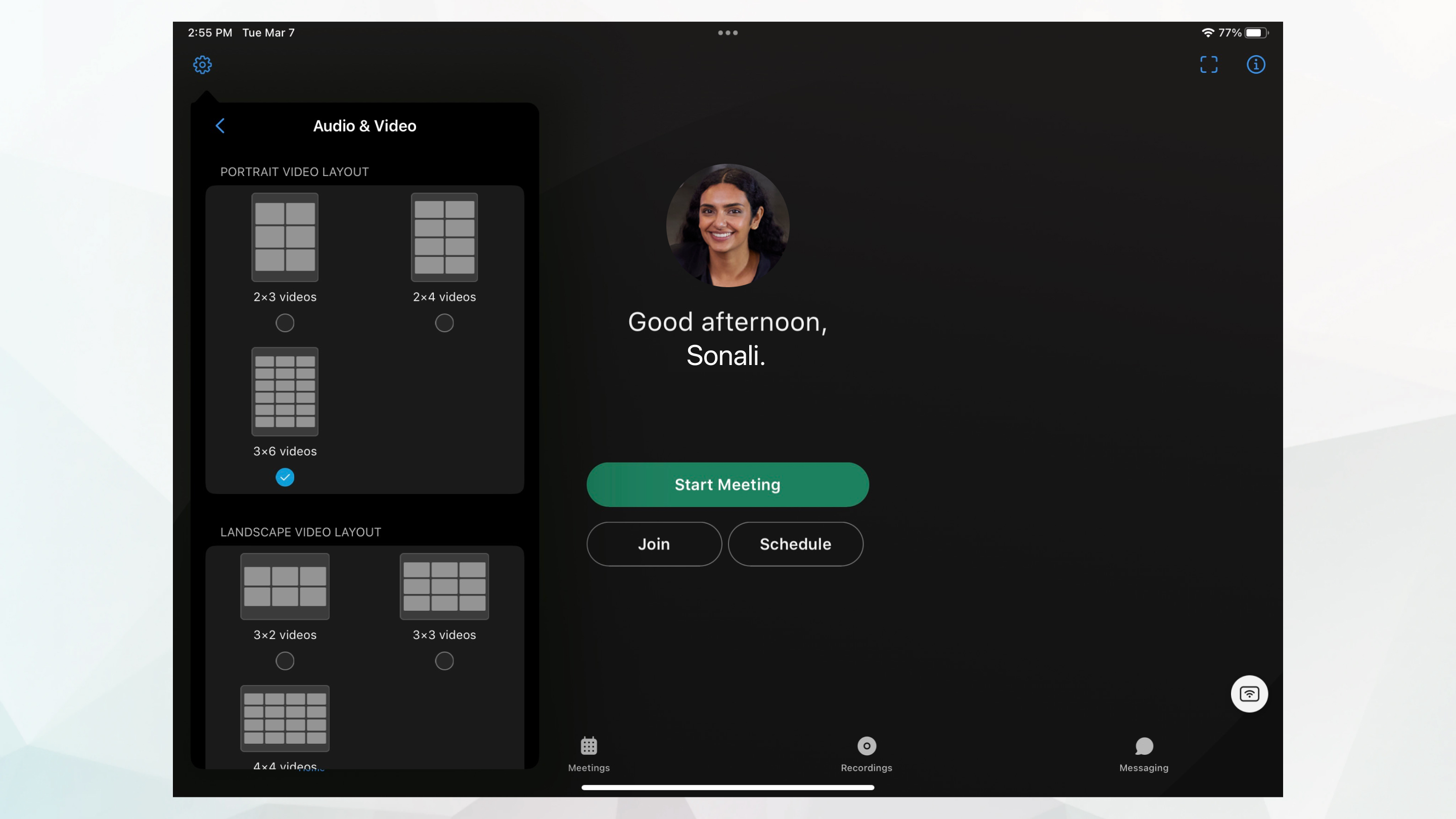 modifica delle opzioni di layout video dal menu delle impostazioni su iPad