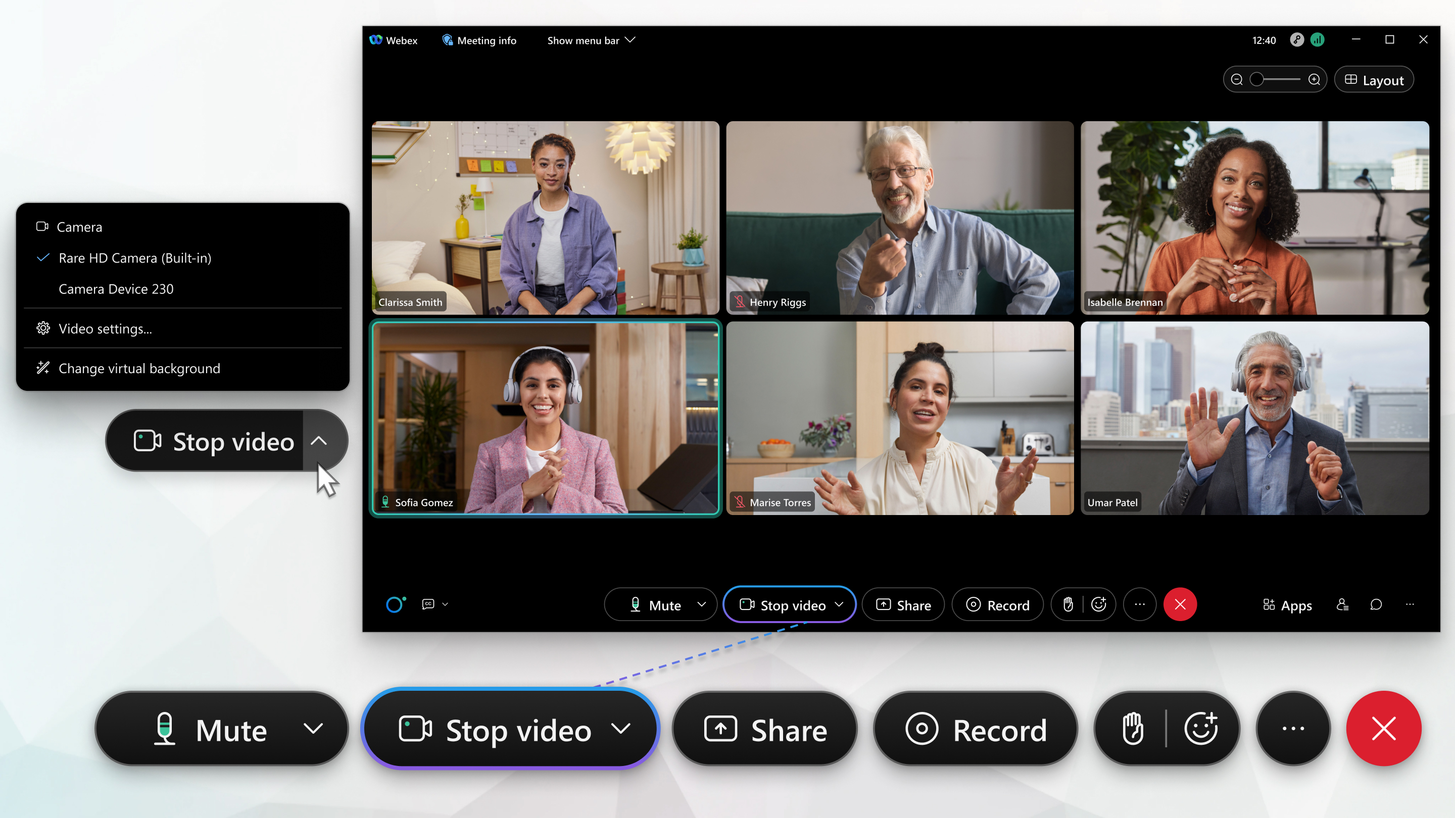 Acessar as configurações de vídeo durante uma reunião