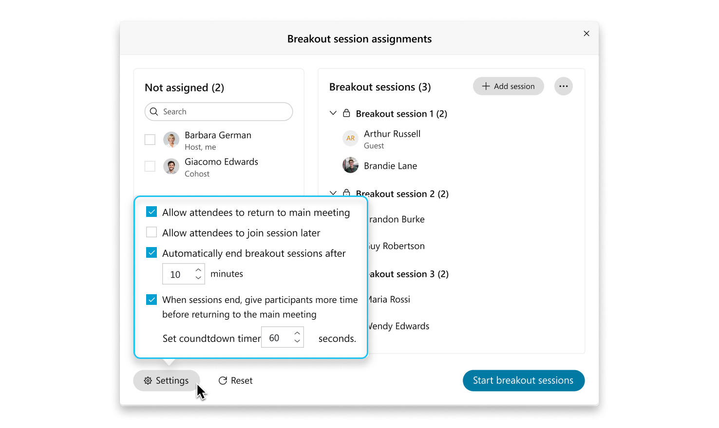 Breakout session settings