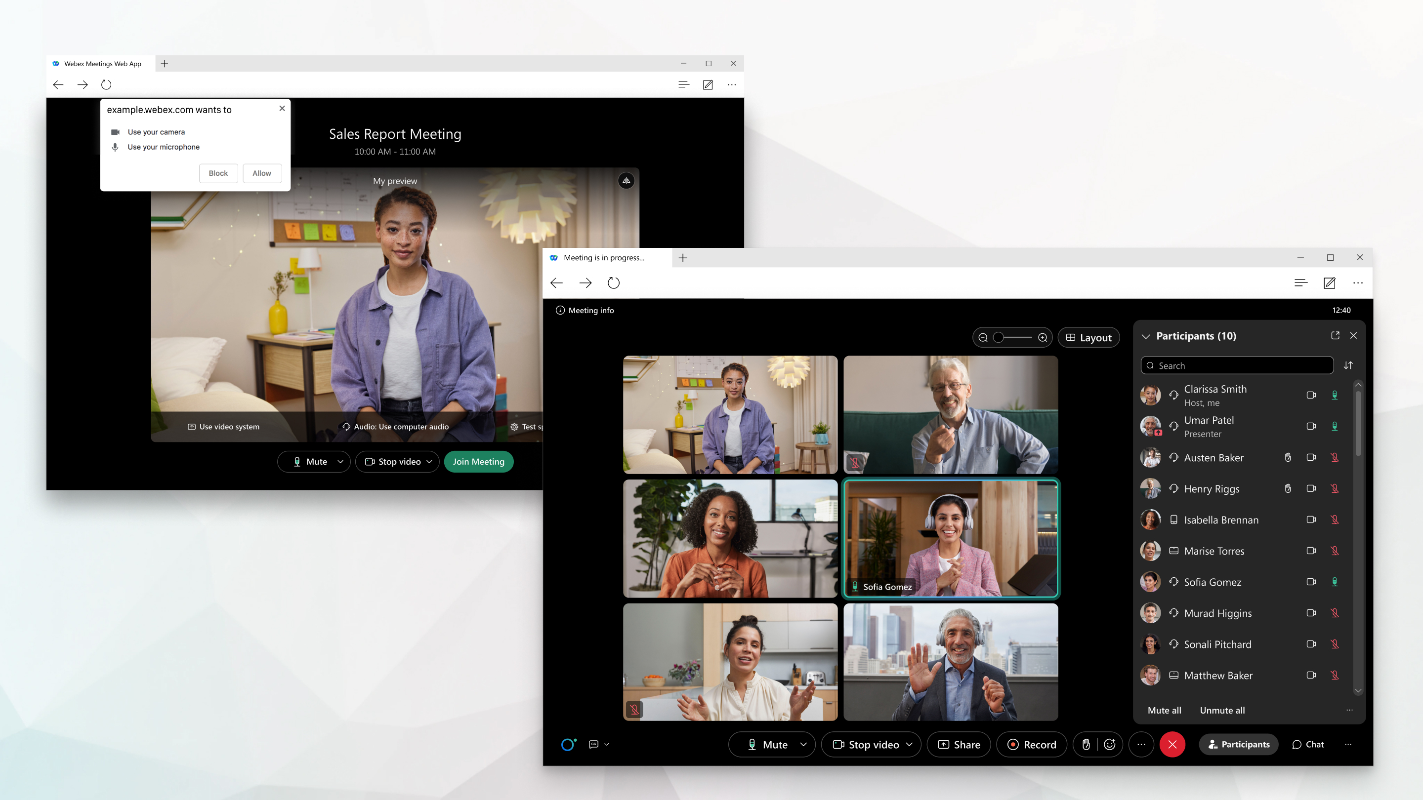 ממשק משתמש של Webex Meetings web app