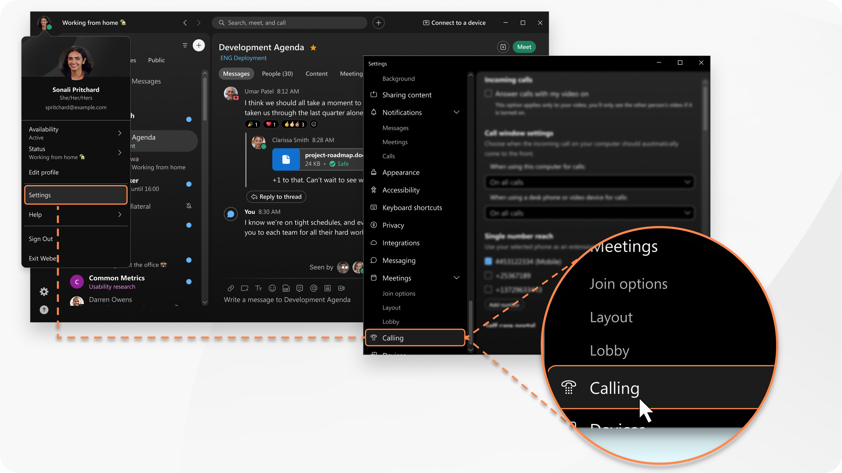 Access calling settings on desktop