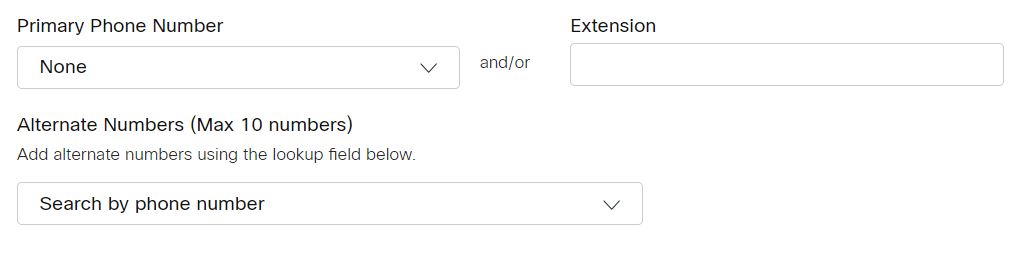 Vindue til redigering af telefonnummer til automatisk omstilling. Administratoren opdaterer telefonnummer, lokalnummer og tilføjer alternative numre.