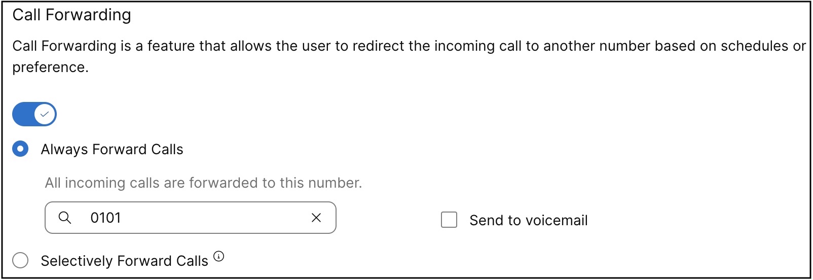 Instellingenvenster voor gesprekken doorschakelen van virtuele operators. Beheerder kiest de optie Gesprekken altijd doorschakelen of Gesprekken selectief doorschakelen.