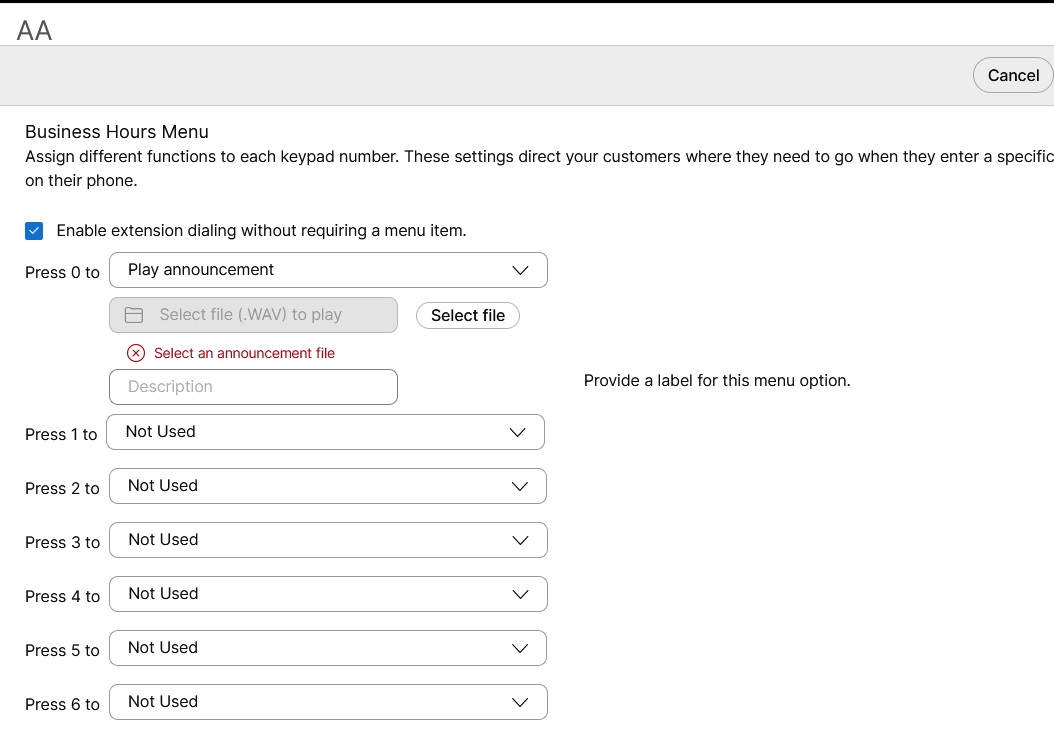 Auto attendant business hours menu options update window. Admin assigns different functions to each keypad number.