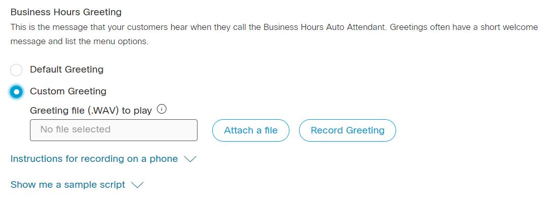 Auto attendant business hours greeting update window. Admin chooses custom greeting.