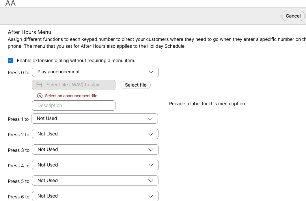 Auto attendant after hours menu options update window. Admin assigns different functions to each keypad number.