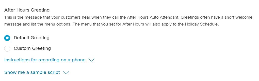 営業時間外の自動音声応答のグリーティング更新ウィンドウ。管理者がデフォルトのグリーティング オプションを選択します。