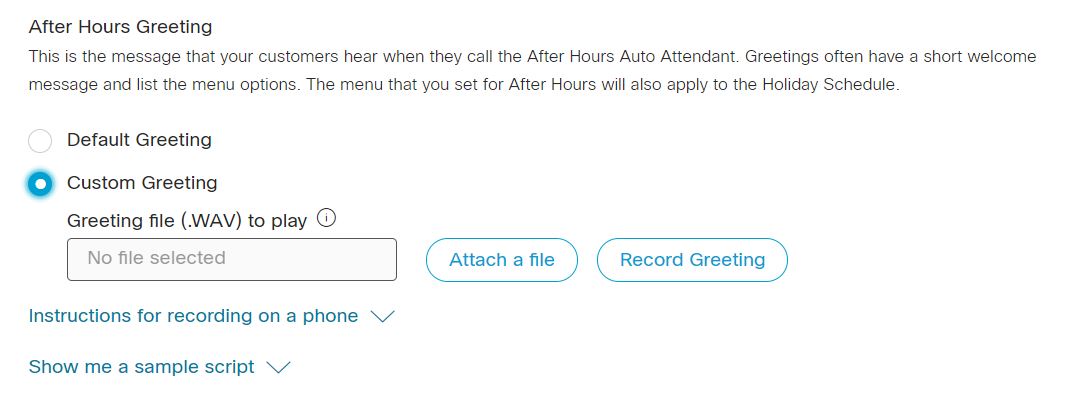 Auto attendant after hours greeting update window. Admin chooses custom greeting option.