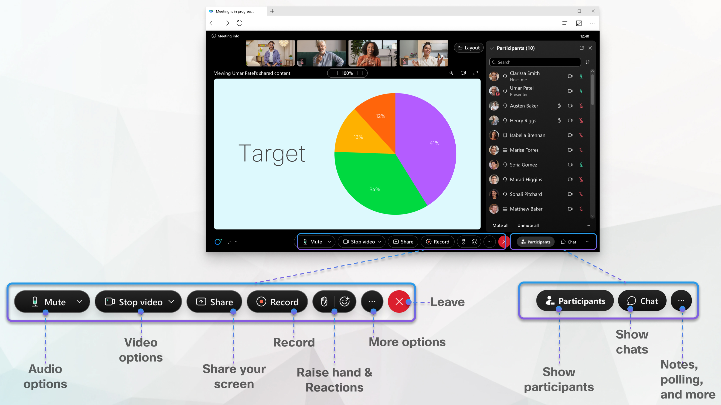 Options de navigation sur l'application web Meetings