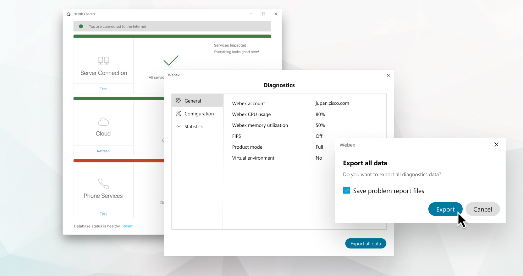 التشخيص في تطبيق Webex