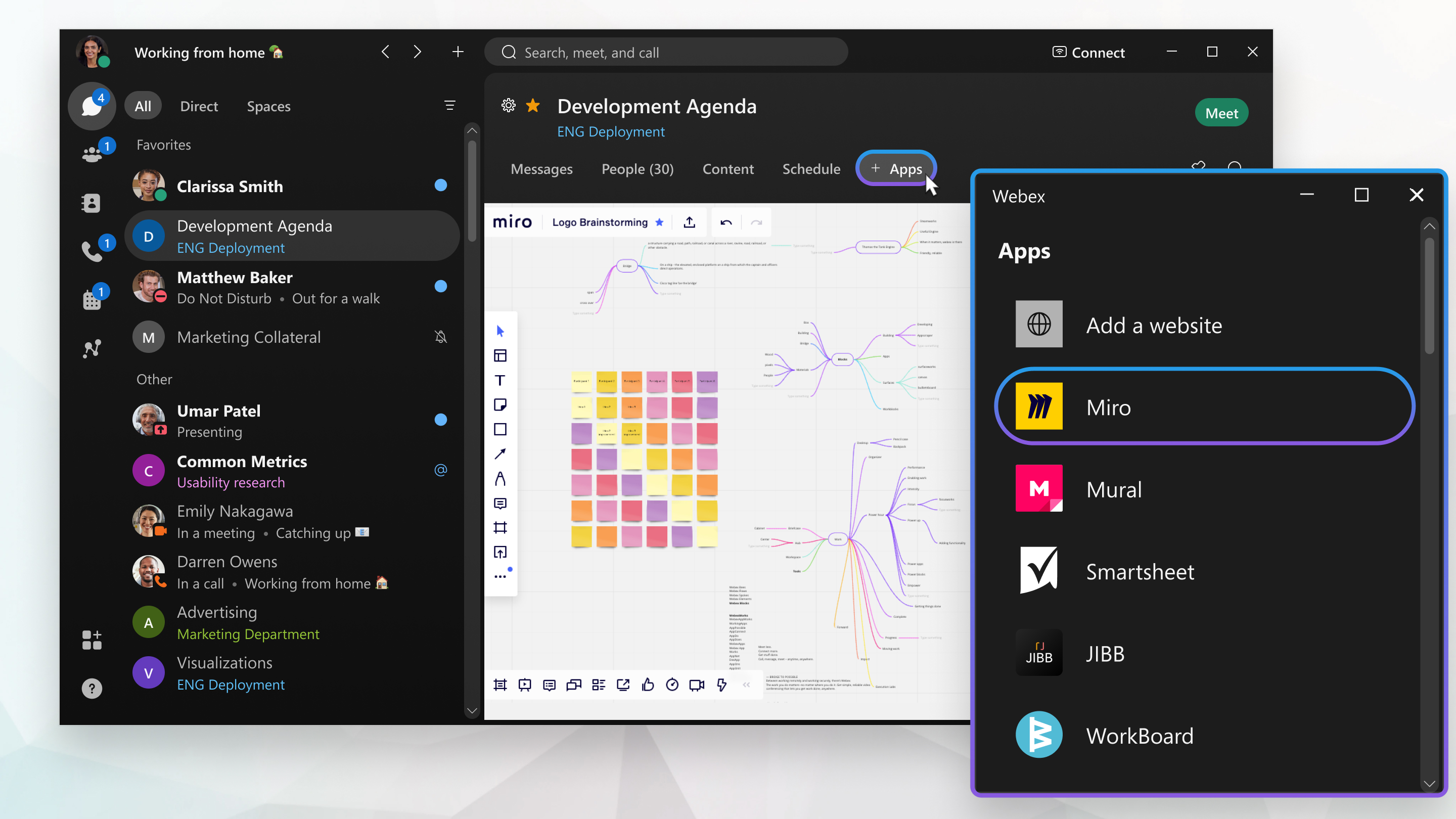 Adding an application to Webex App, Miro, to illustrate on a whiteboard.