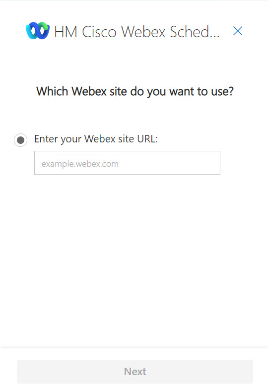 Inserisci l'URL del sito Webex per configurare lo strumento di pianificazione Webex