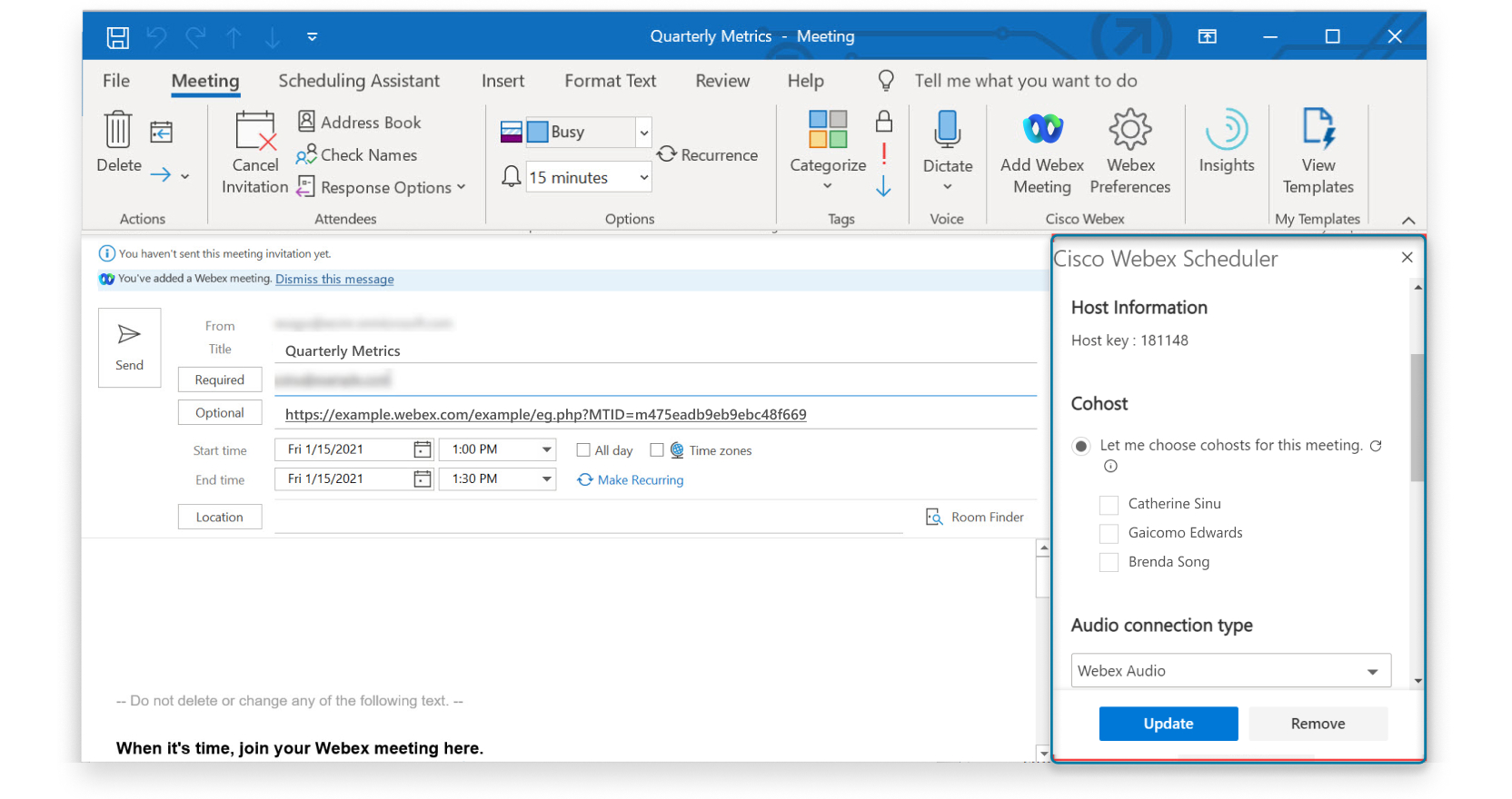 Aggiungi preferenze Webex per configurare lo strumento di pianificazione Webex