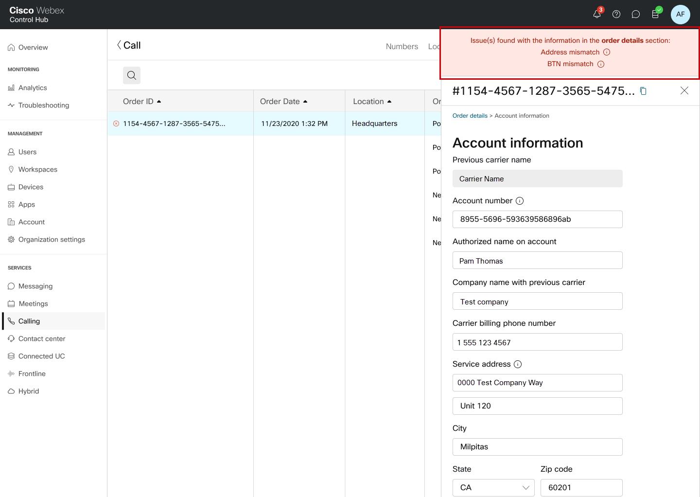 PSTN Order Page - Port Error