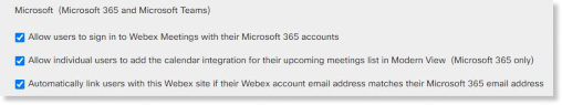 Microsoft 365 and Teams option check boxes