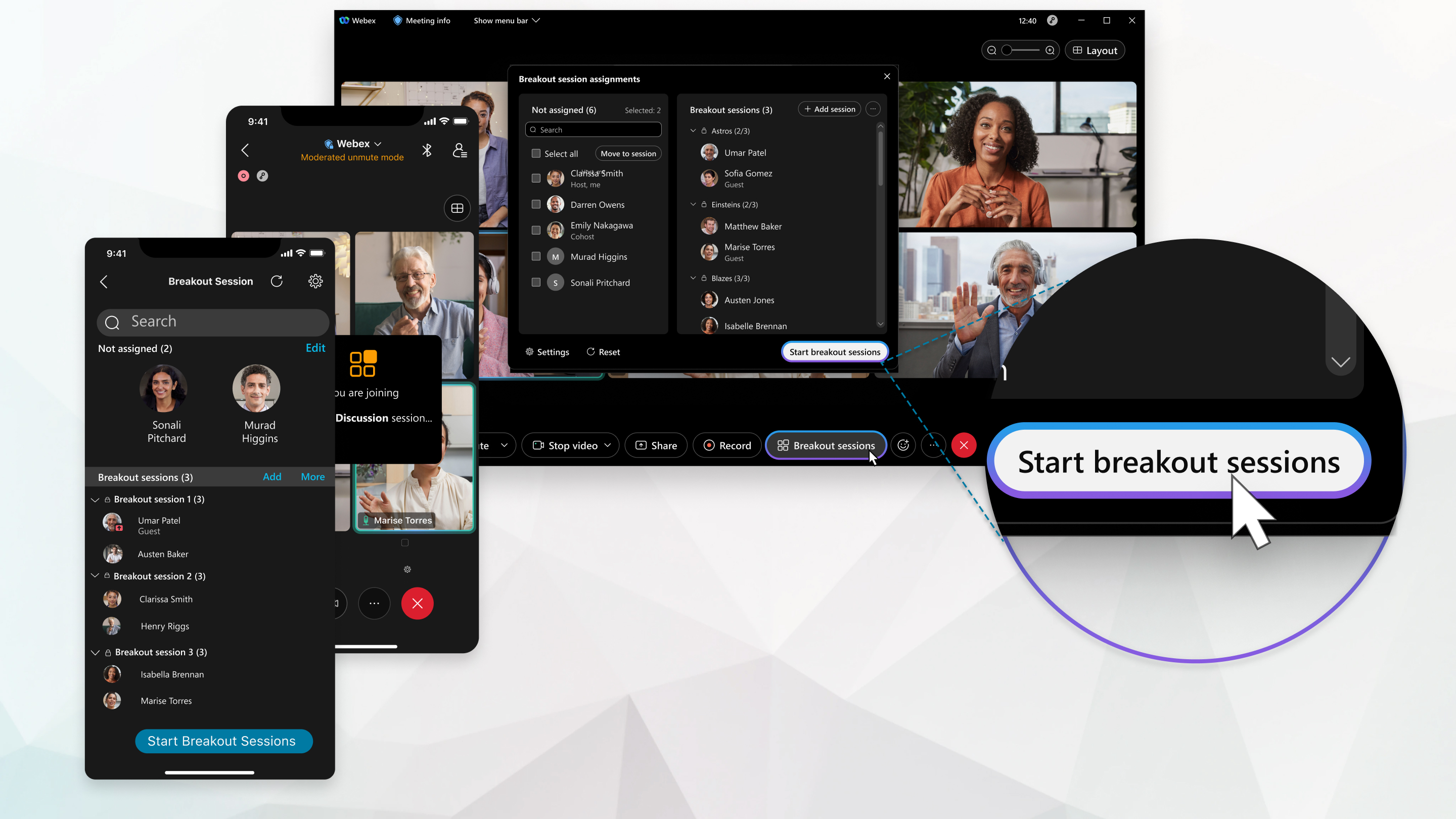 Starting breakout sessions on Webex Meetings desktop and mobile app