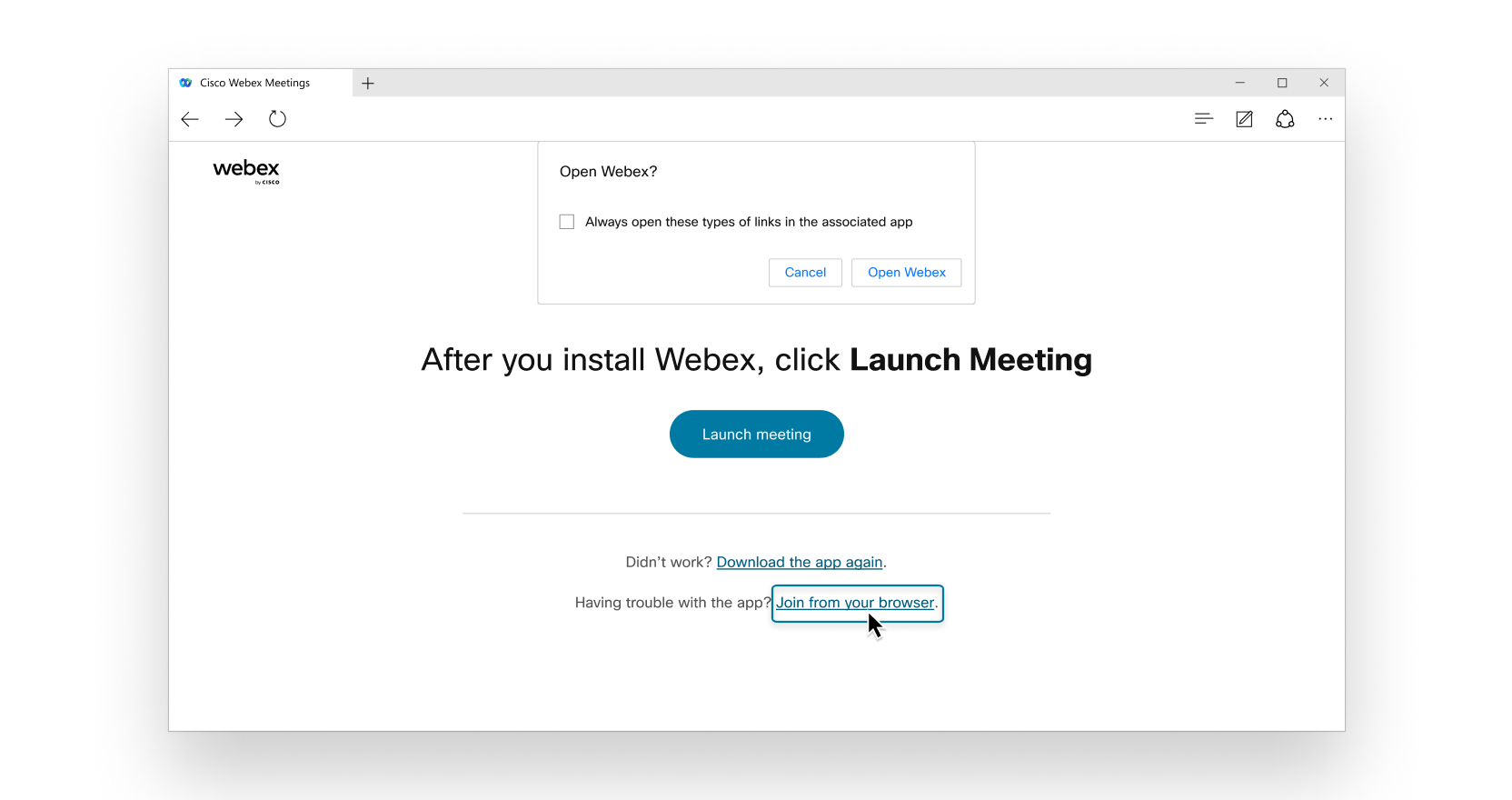 Deelnemen aan Webex Meetings vanuit de browser