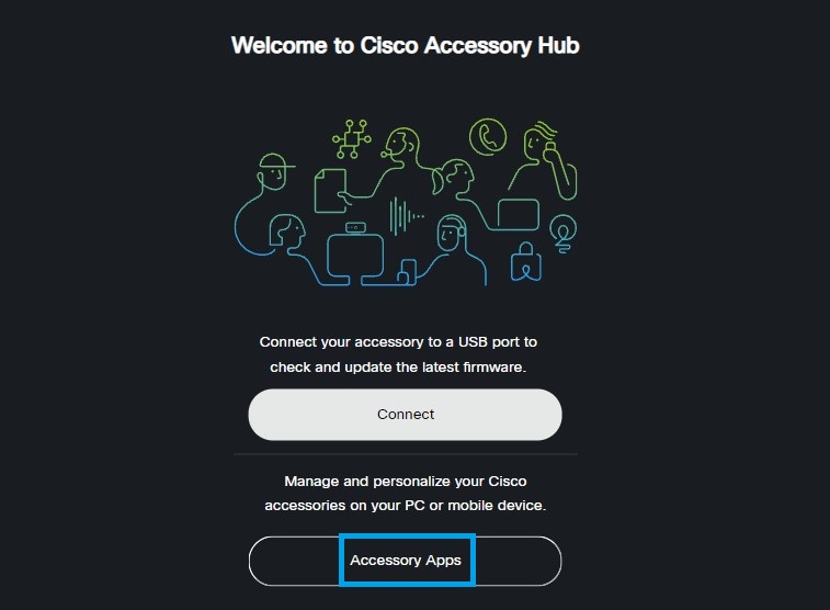 Screenshot für die Startseite des Cisco Accessory Hub