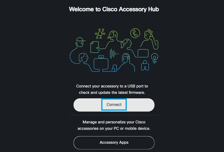 a Cisco Accessory Hub kezdőlapjának képernyőfelvétele