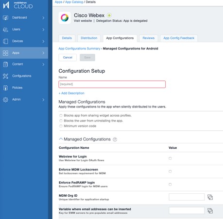 Screenshot of the MobileIron UI, showing configuration of Cisco Webex app