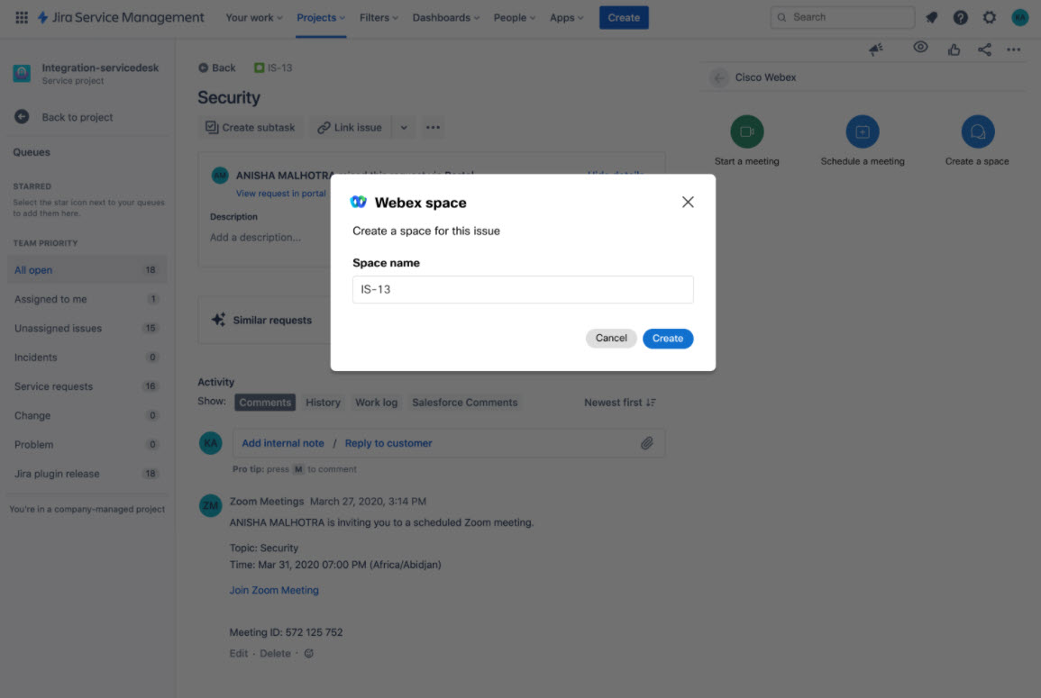 Jira incidensjegyek kezelése egy Webex space-en