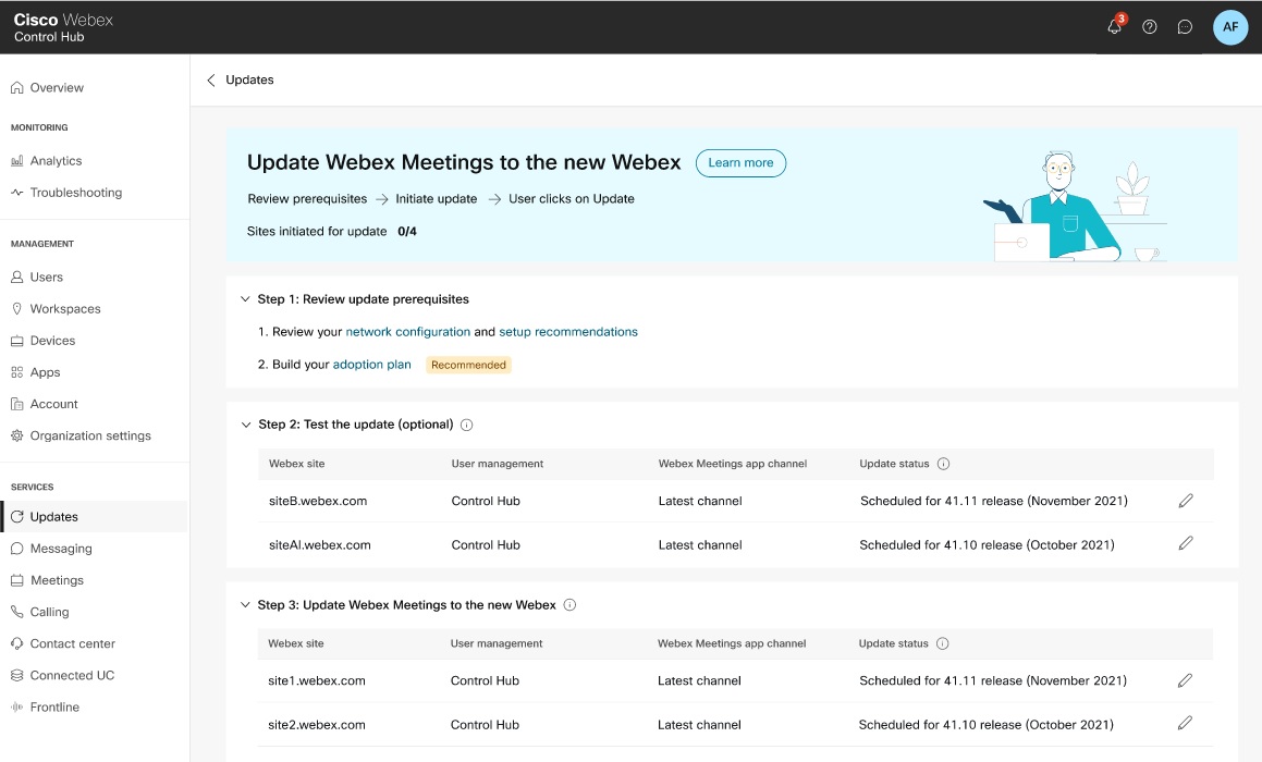 [Webex Meetings を新しい Webex に更新] ページ。