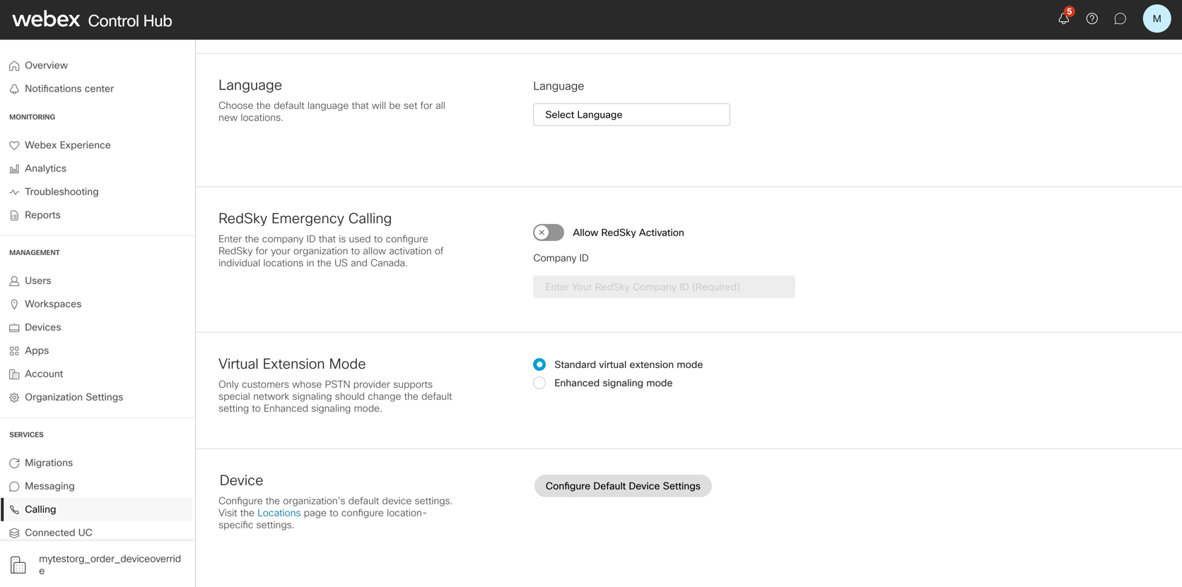 Configure Default Device Settings option in Control Hub.