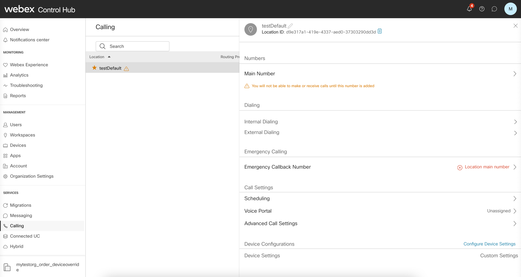 Device settings to modify for the override option for a location in Control Hub.