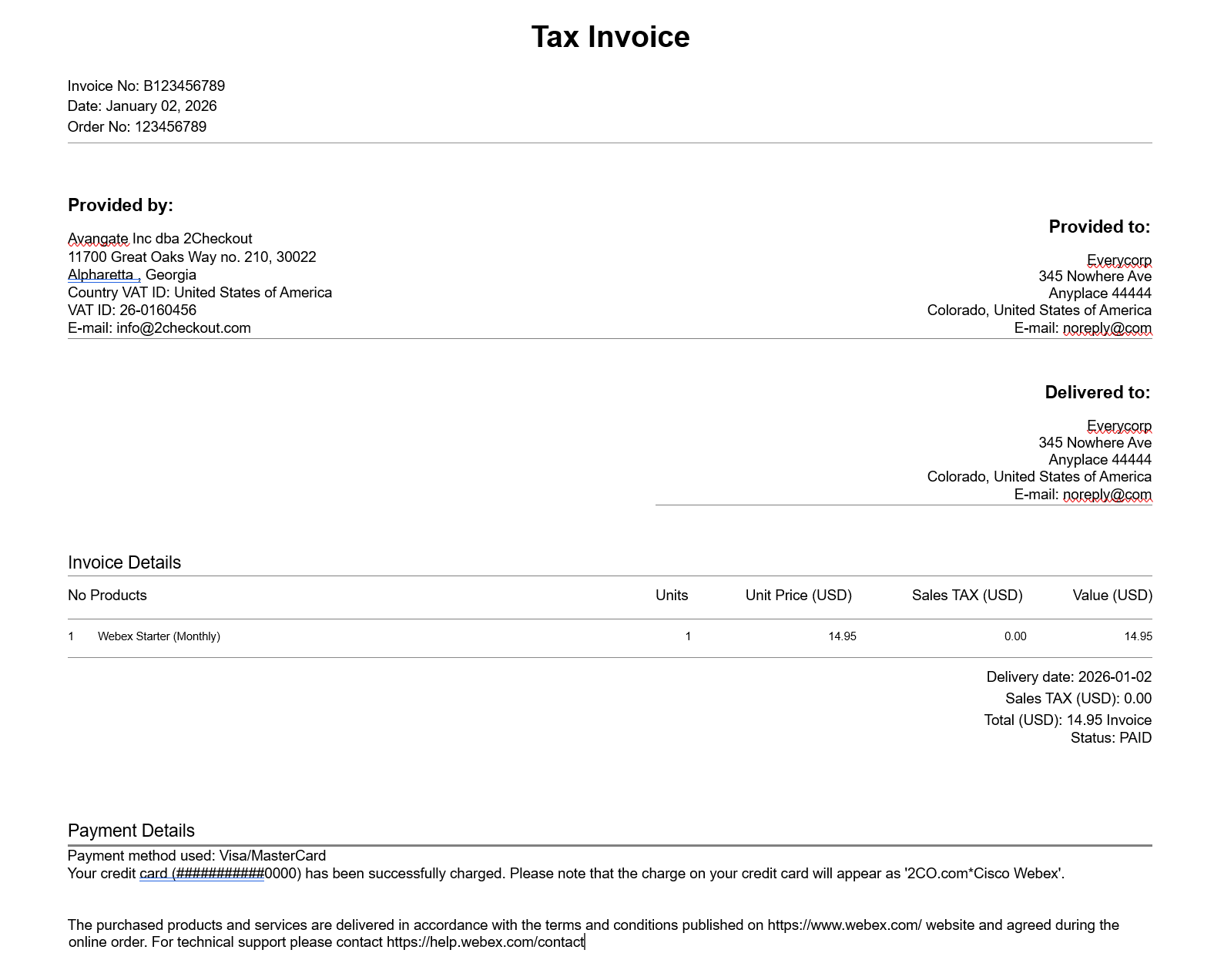 Verifone sample invoice