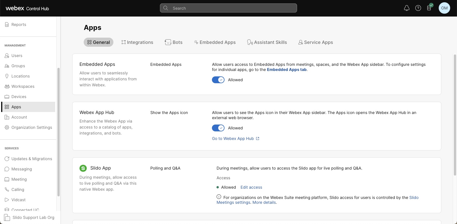 Control Hub UI on the list of embedded apps, showing Slido and how to choose it for All users or Select groups