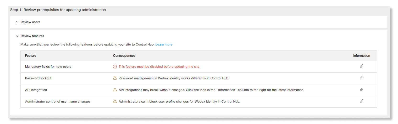 Revisar la interfaz de usuario de características para actualizar la administración en la Administración del sitio