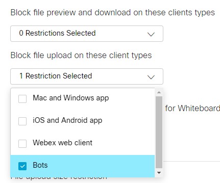 File upload restrictions control, with "Bots" selected