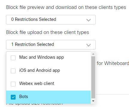 Bedieningselement voor het beperken van bestandsupload, met 'Bots' geselecteerd