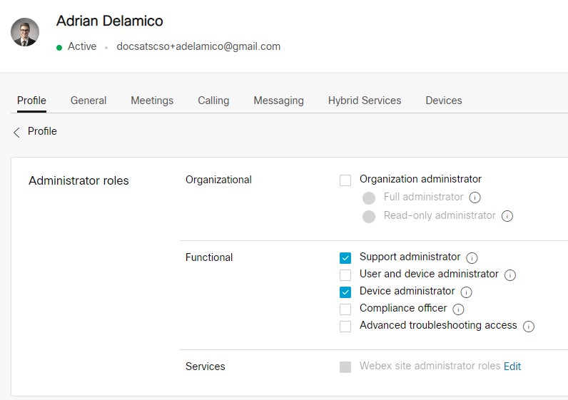 The Control Hub widget for assigning a user's administrative roles