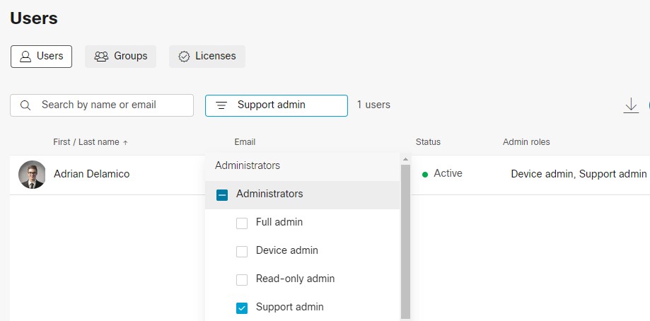 Filter users by administrator role.