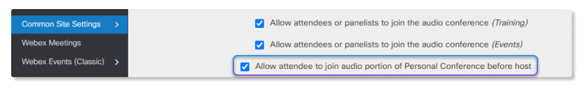 Allow attendee to join audio portion of Personal Conference setting in Site Administration